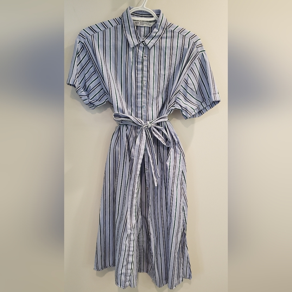 Zara Blue and White Striped Midi Dress